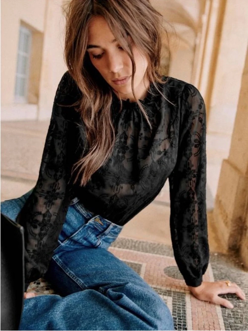 SEZANE Black Sheer Floral Embroidered Ruffle High Neck Valentine Blouse Top - Picture 9 of 14